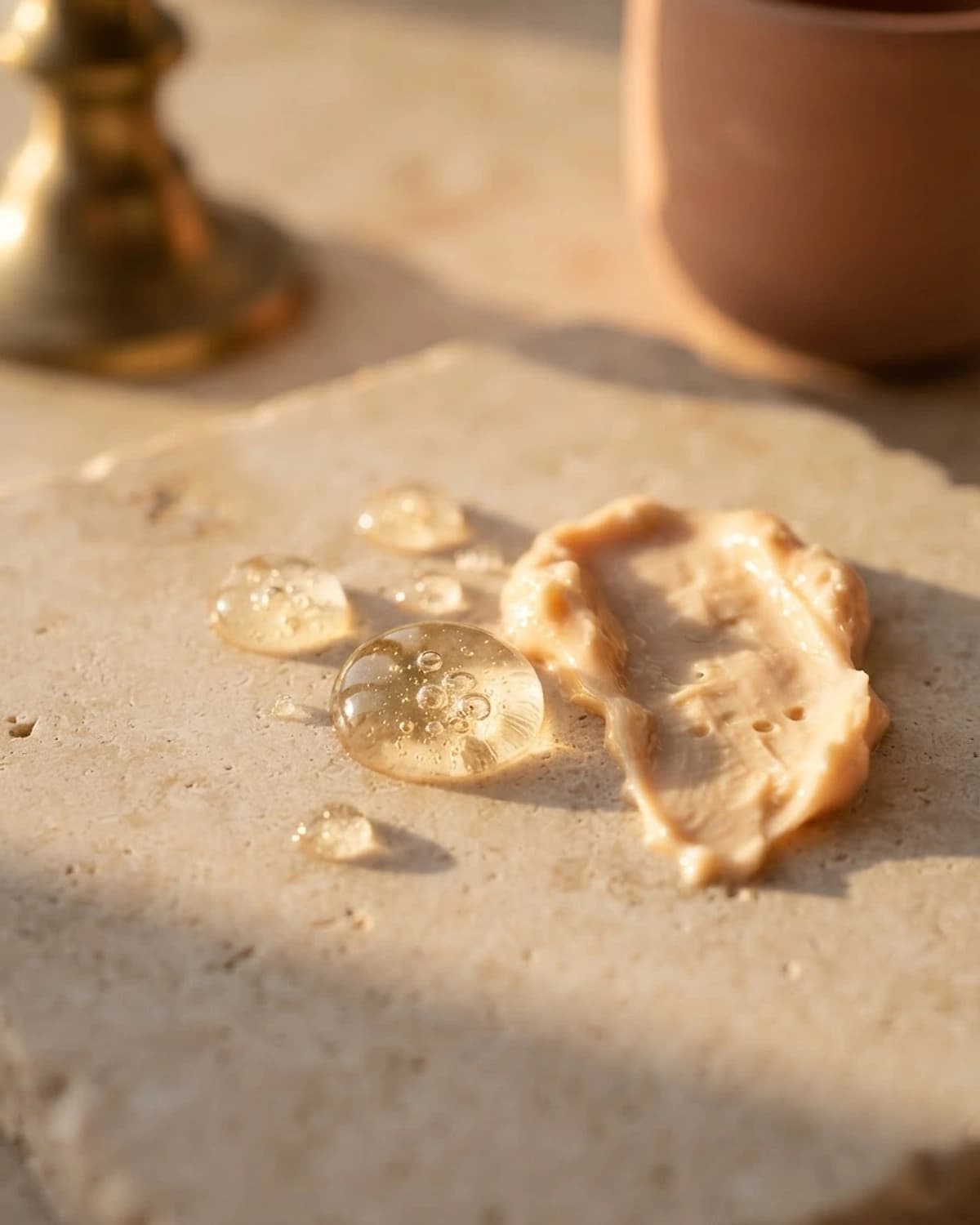 Prestige skincare textures on sunlit limestone