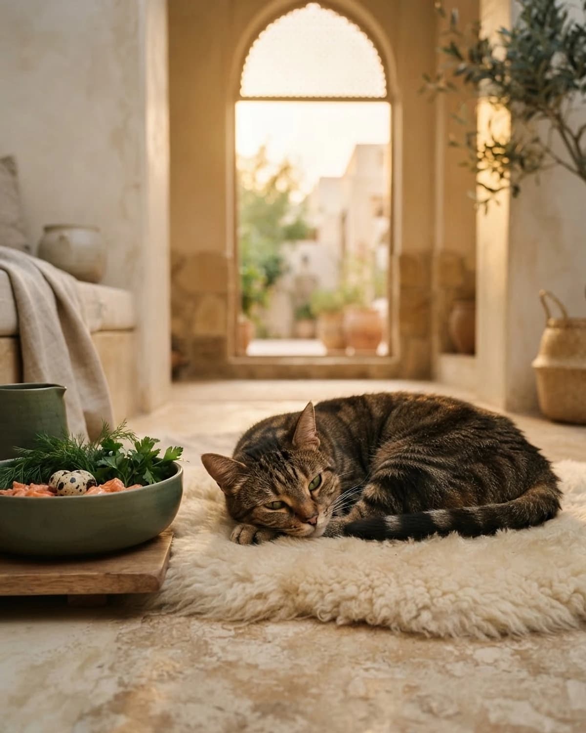 A cat resting in a sunlit Emirati interior